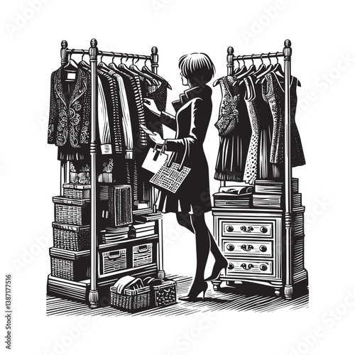 Elegant monochrome illustration of a woman browsing a fashion boutique