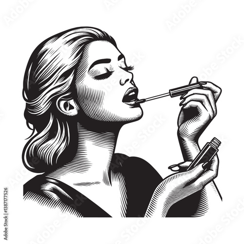 Elegant woman applying lip gloss in a stylized black and white engraving style