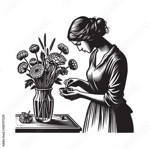 Elegant woman arranging a floral display with tender care in monochrome art
