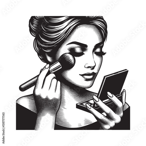 Elegant woman applying makeup with brush in woodcut style illustration