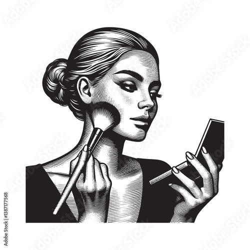 Elegant woman applying highlighter in woodcut style artistic rendition