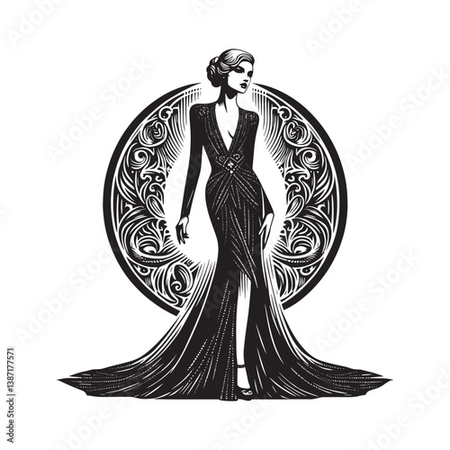 Elegant Woman in a Black Gown with Intricate Beadwork and Ornate Circle Backdrop