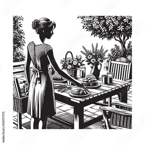 Elegant woman hosting outdoor brunch with beautifully set table illustration