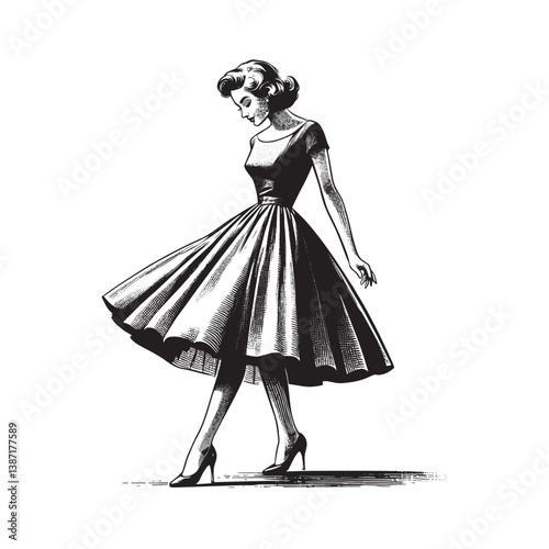 Elegant woman in a vintage dress with woodcut style graphic illustration