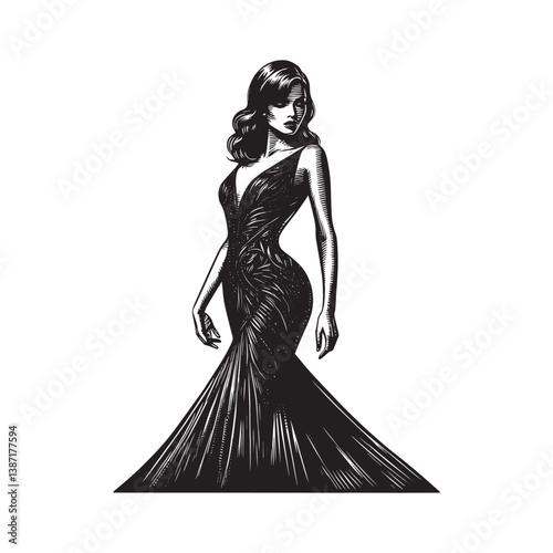 Elegant woman in black evening gown showcasing intricate vintage beadwork design