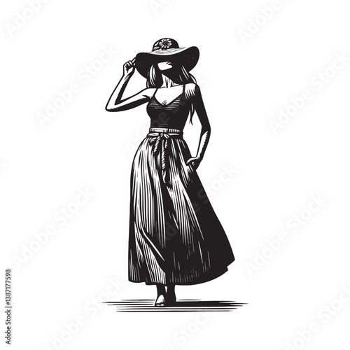 Elegant woman in maxi skirt and straw hat black and white woodcut design
