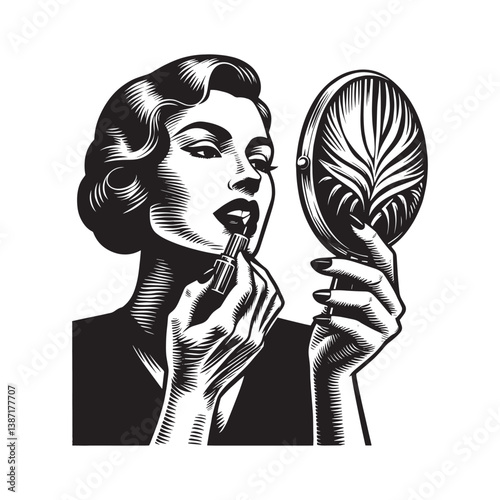Elegant woodcut illustration of a woman applying vibrant red lipstick