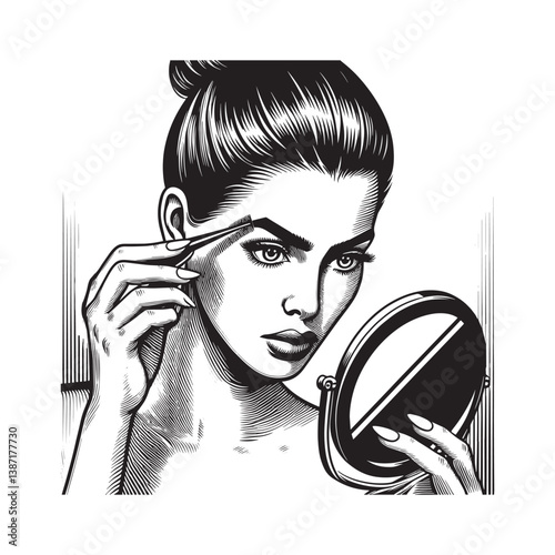 Elegant woodcut illustration of a woman shaping her eyebrows with precision