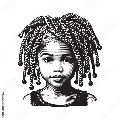 Elegant woodcut illustration of a young girl with beautifully styled crochet braids