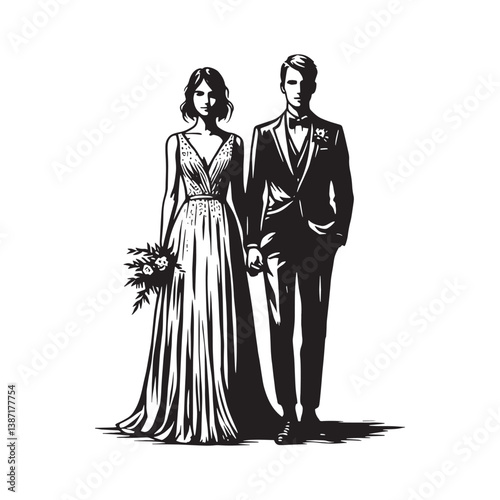 Elegantly dressed couple in a traditional woodcut style illustration together in 2008