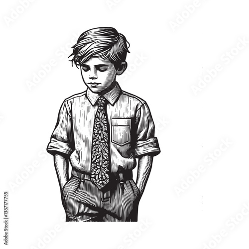 Elegant Woodcut Illustration of a Boy in Formal Wear with Detailed Linework