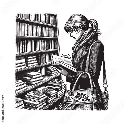 Elegant woodcut rendering showcasing a woman engrossed in reading at a bookstore