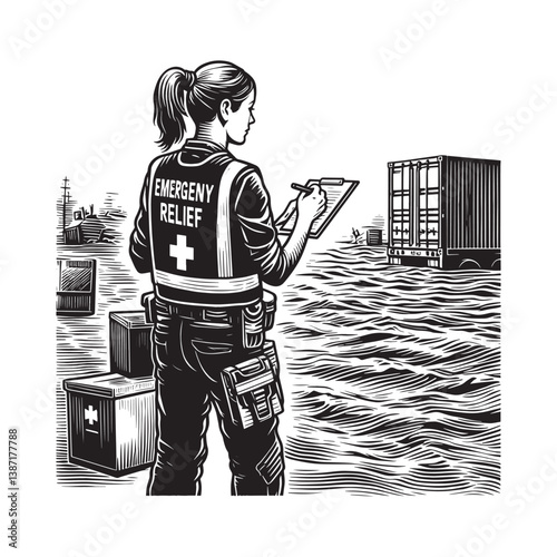 Emergency relief coordinator assessing flood damage with clipboard on-site