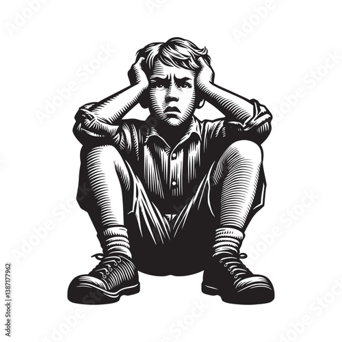 Emotional turmoil portrayed a distressed young boy clutches his head graphic