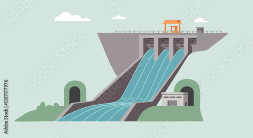 Vibrant illustration of a hydroelectric dam. Water powerfully flows through the structure, showcasing clean energy and engineering. Ideal for environmental themes.