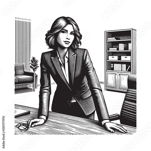 Empowered professional woman posing in a modern office setting artwork style