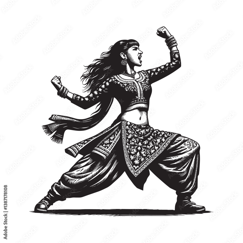 Fototapeta premium Energetic Bhangra Dancer in Striking Woodcut Style Performing with Passion