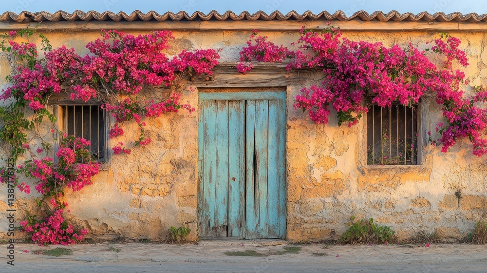 Fototapeta premium Rustic stone house with vibrant bougainvillea