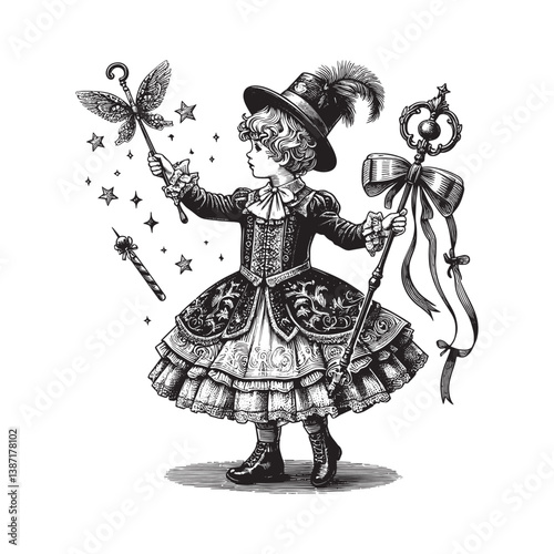 Enchanting woodcut of a child in ornate attire wielding magic wands amid twinkling stars