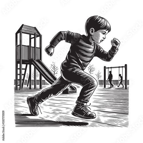 Energetic child sprinting through playground with classic woodcut linework aesthetic