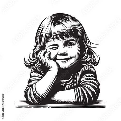 Engraved artwork depicting a cute young girl winking playfully at the viewer