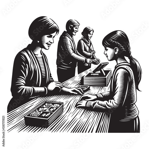 Engraved artwork portraying retail customer service and shopping experience
