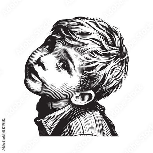 Engraved depiction of a young boy tilting his head with inquisitiveness