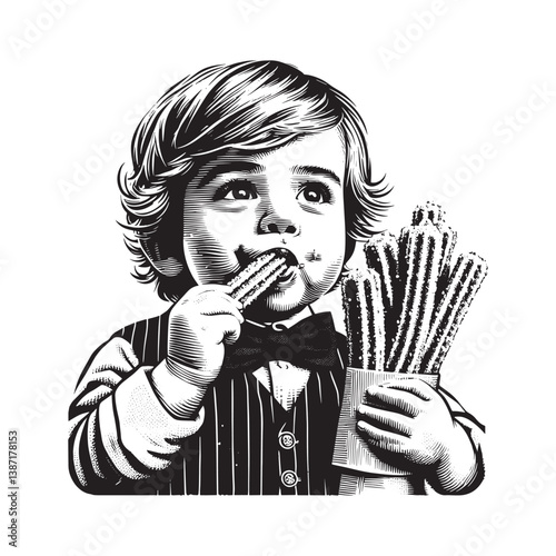 Engraved artwork of a child dressed up elegantly while enjoying churros