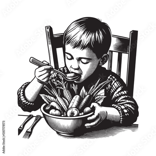 Engraved depiction of a child savoring a wholesome bowl brimming with veggies