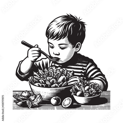 Engraved depiction of a child enjoying fresh garden salad at lunchtime