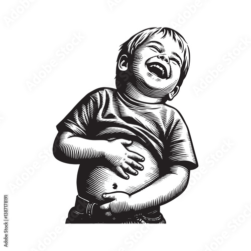 Engraved depiction of a gleeful boy clutching his stomach in mirth