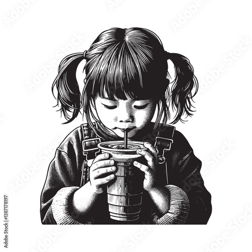 Engraved depiction of a young girl enjoying a green smoothie drink with a straw