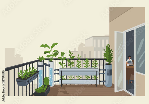 A woman works on a laptop on a balcony filled with vertical hydroponic gardens. Modern apartment living, urban greenery, and a productive workspace blend seamlessly.