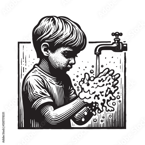 Engraved illustration of a boy washing his hands under running water stream