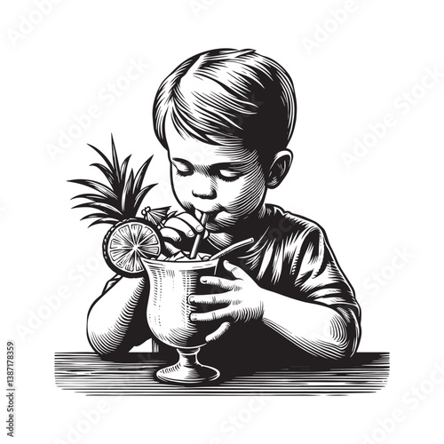 Engraved illustration of a child enjoying a tropical beverage with garnish