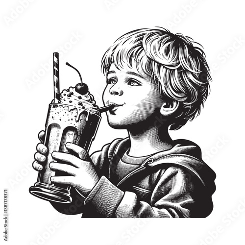 Engraved illustration of a child enjoying a frothy milkshake beverage treat