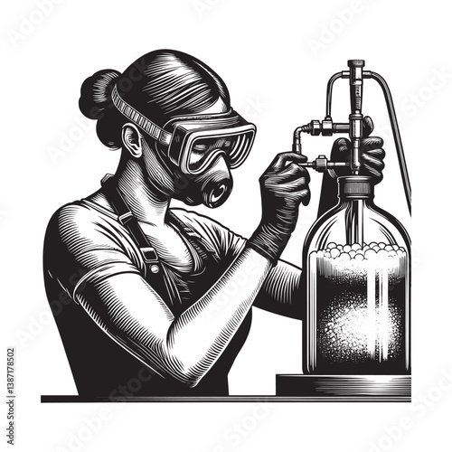 Engraved illustration of a researcher conducting an experiment with equipment