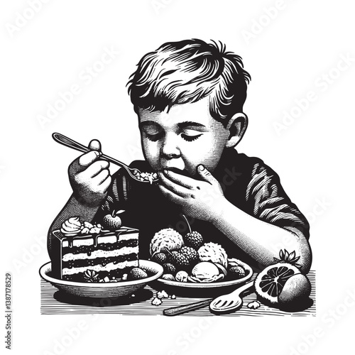Engraved illustration of a little boy happily eating delicious dessert sweets