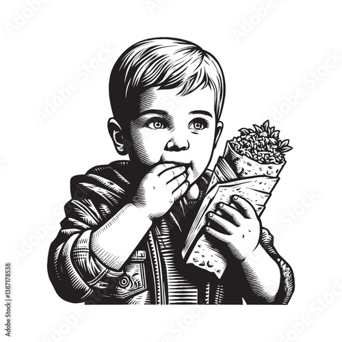 Engraved illustration of a toddler enjoying a falafel wrap lunch