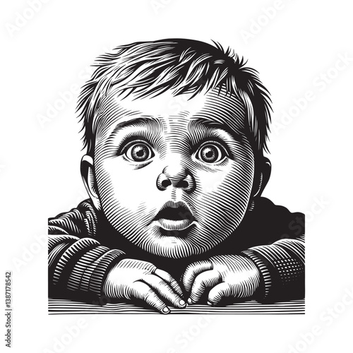 Engraved illustration of a surprised baby with wide eyes and open mouth