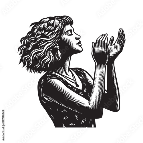 Engraved illustration of a woman immersed in musical appreciation expressing joy