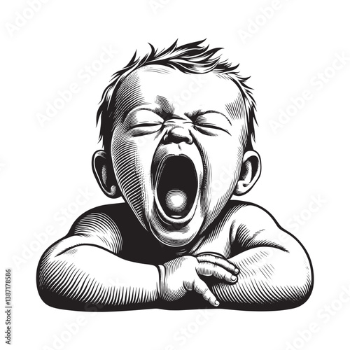 Engraved illustration of a yawning baby with expressive features in black and white