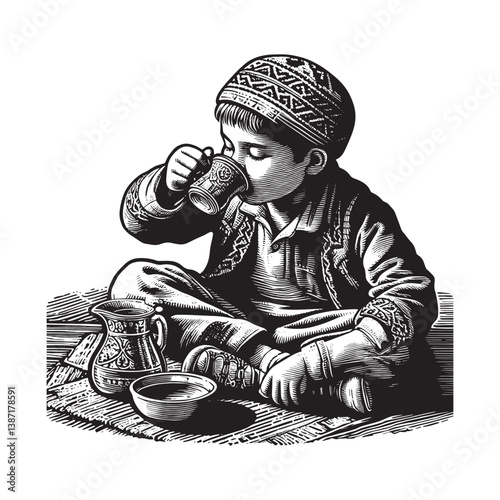 Engraved illustration of a child imbibing beverage from an ornate cup indoors