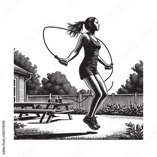 Engraved illustration of a woman jumping rope in a backyard setting for fitness