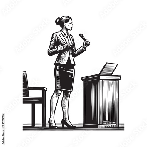 Engraved illustration of professional woman delivering a keynote speech