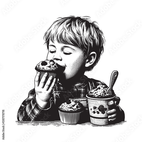 Engraved illustration of child indulging in delicious muffins with joy