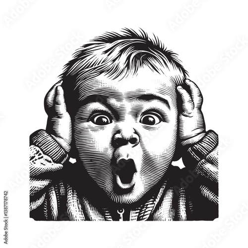 Engraved illustration of a surprised baby clutching its head in disbelief