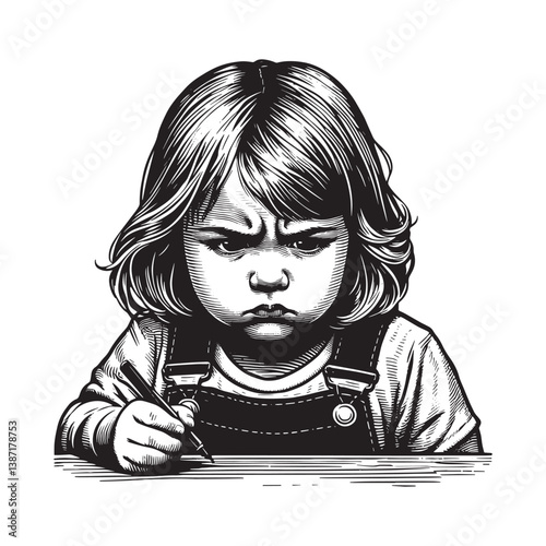 Engraved image of a little girl concentrating deeply on her writing task