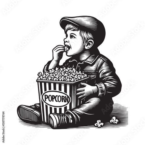 Engraved image of a young boy enjoying popcorn during movie time