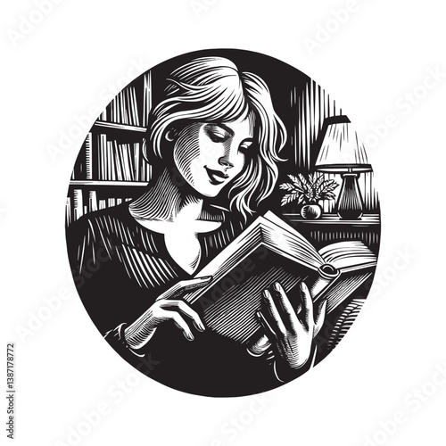Engraved illustration of woman absorbed in reading within library setting